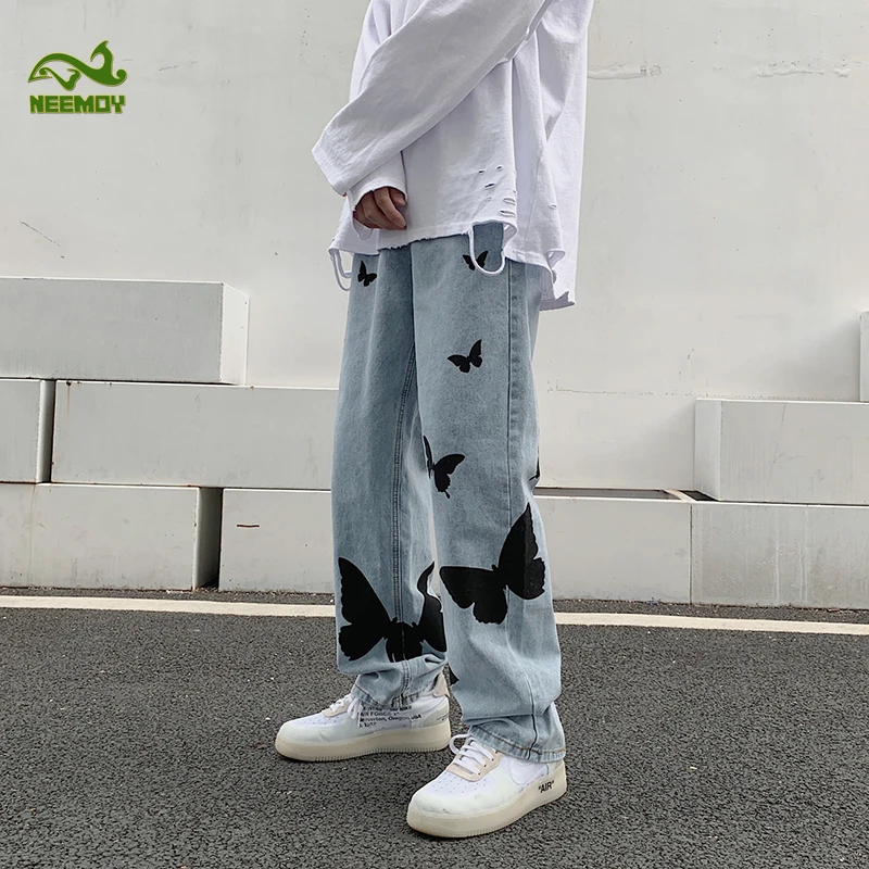 Neemoy Butterfly Print Jeans Men's Pants Streetwear Jeans Fashion Casual Denim Pants Stretch Straight Trousers Male Clothing