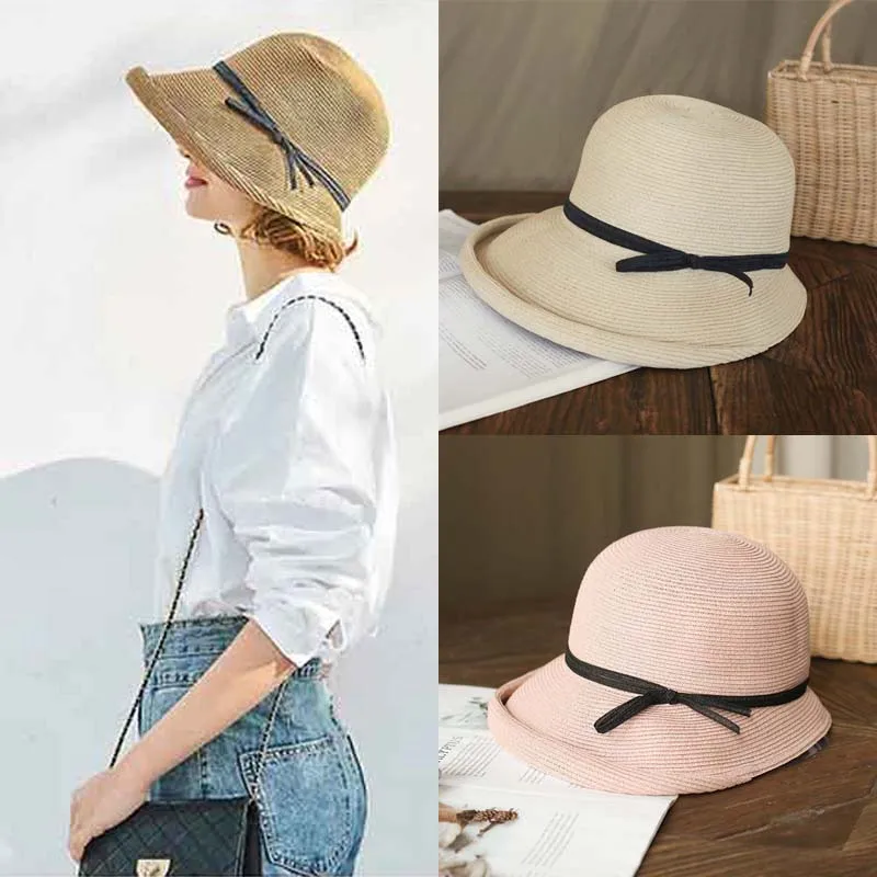 

Summer Straw Hats for Women Chapeau Femme Panama Beach Sun Cap Foldable Wide Brim Floppy Straw Hat UV Protect Travel Bonnet Cap