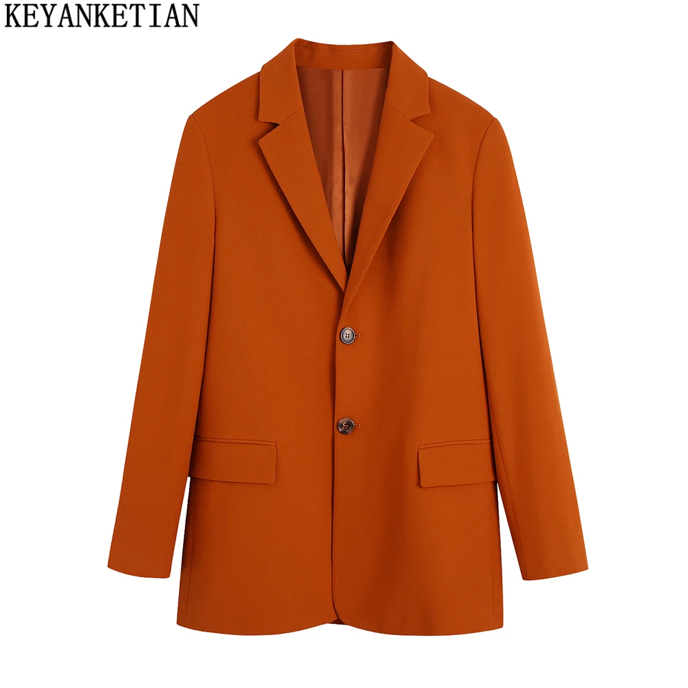 

KEYANKETIAN Women's Single Breasted Straight Suit 2022 Fall New Orange Red Commuter Fashion Casual Women's Mid-Length Coat Top