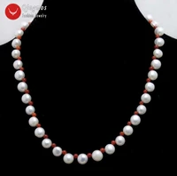 qingmos natural fw white pearl necklace with 7 8mm flat round side drilled 3 4mm pink coral necklace 17 chokers jewelry