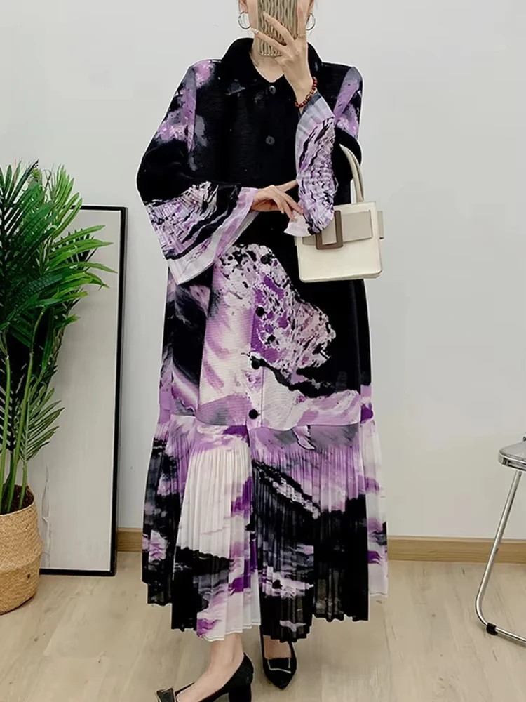 ANLAN винтажное плиссированное платье с принтом для женщин однобортное длинное