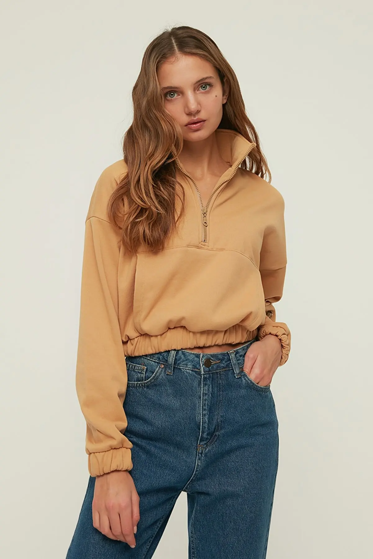 

Light brown pocket detailed upright collar knitting sweatshirt Women Clothes Sweatshirts Hoodies for Women 132871509