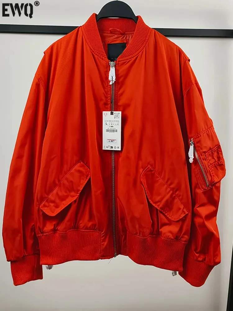 

[EWQ] Big Size Loose Gray Jacket For Women Long Sleeve Pleated Fashion Zipper Outwears Korean Coat 2023 Autumn Winter New 6U5399