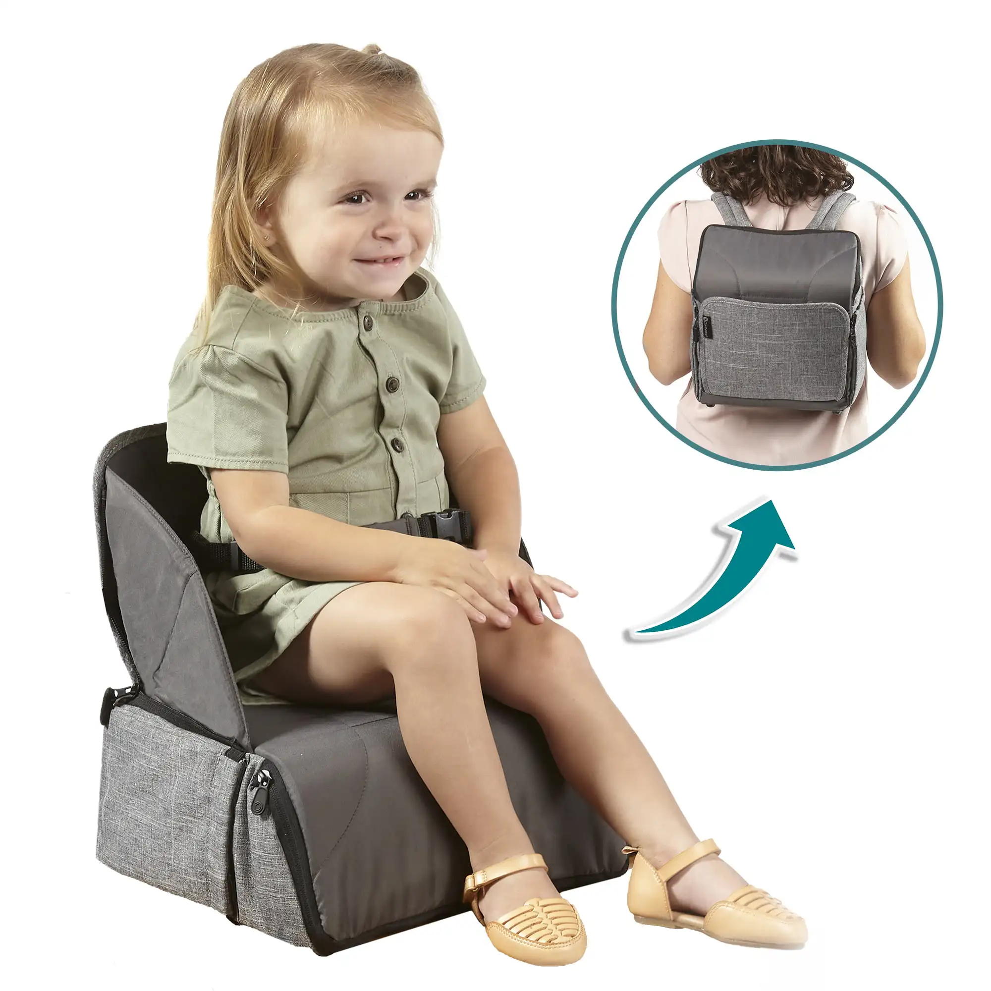 Explore 2-in-1 Portable Booster Seat and Diaper Bag,Machine Washable,Lightweight,Sturdy Feeding Booster,Grey Backpack Diaper Bag