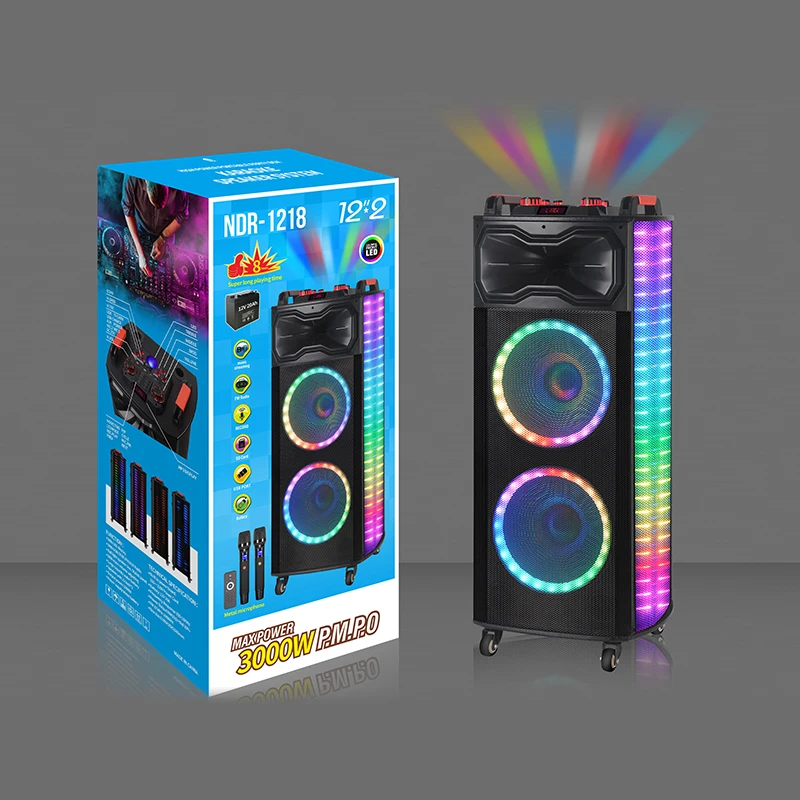 NDR-1218 100 Вт, двойной 12-дюймовый динамик с RGB-подсветкой для караоке-системы, портативная акустическая система для вечеринок, 2 микрофона, для больших уличных сцен, с батареей, подключение к мобильному телефону. (art.: 3920dd1fe233f) - 3920dd1fe233f