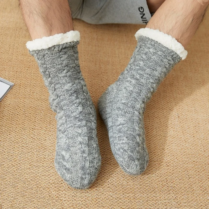 Mens Thermal Socks Winter Warm Home Soft Male Cotton Thickened Plus Velvet Sleeping Anti Skid Grip Short Floor Slipper Sock