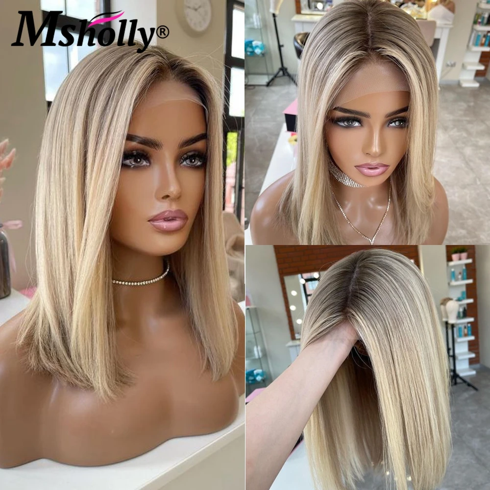 

13x6 Lace Front Highlight Ash Blonde Human Hair Wig Short Bob Straight Lace Frontal Wig HD Transparent Ombre Remy Brazilian Wig