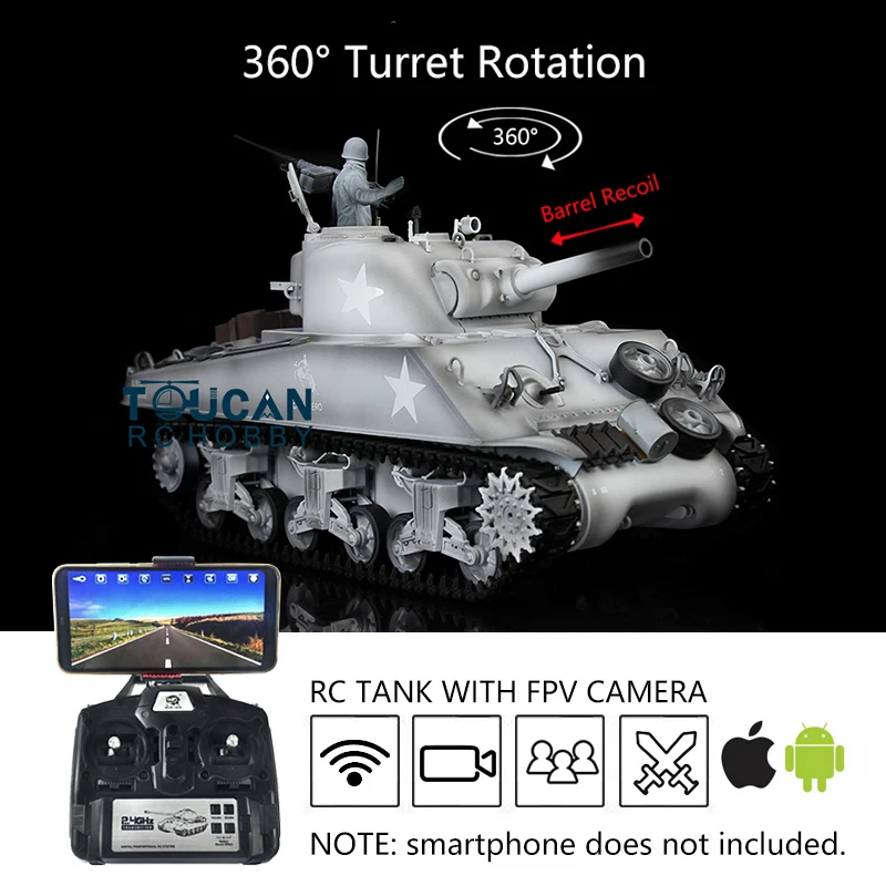 

HENG LONG RC Tank 1/16 7.0 FPV Plastic Sherman Toucan Controlled Toys 3898 360° Turret Barrel Recoil TH17690-SMT8