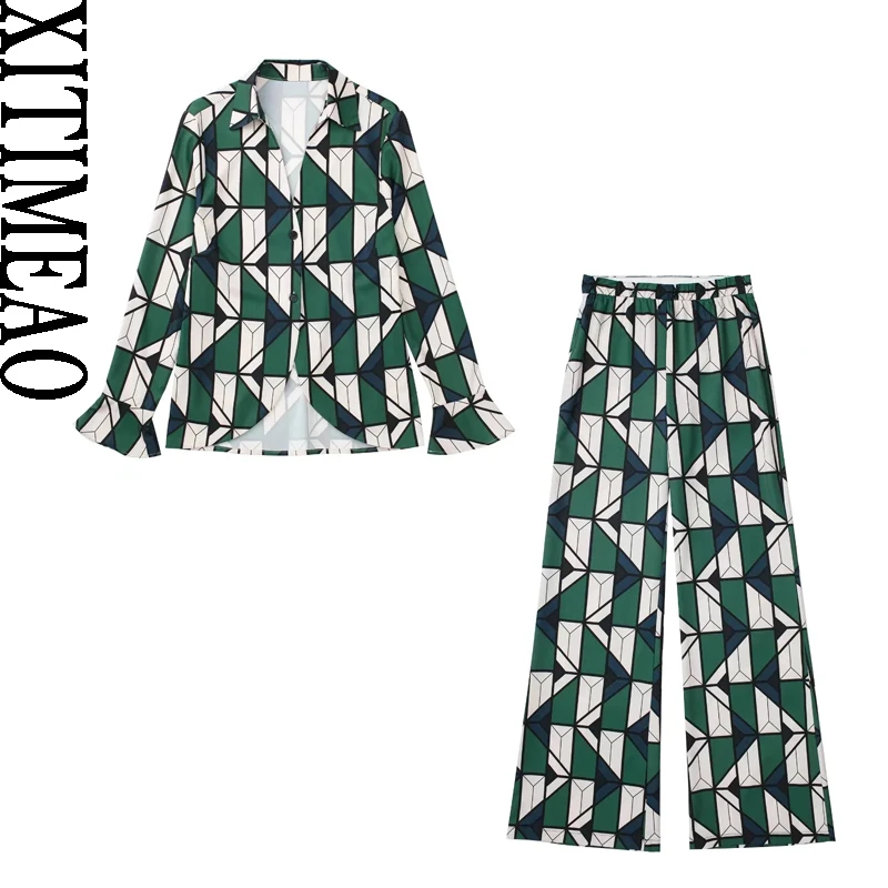 

Women Fashion Print Blouses Vintage Long Sleeve Button-up Female Curved Hem Shirts Chic Tops And High Waist Wide Leg Pants