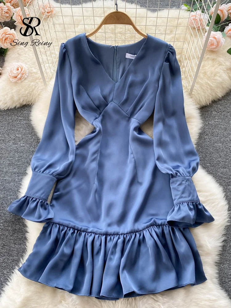 

SINGREINY New French Ruffle Midi Dress Female V Neck Flare Sleeves Streetwear Elegant party summer dress bodycon dress