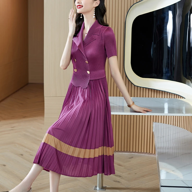 

SuperAen Notched Collar Dress Women's Summer Dress 2022 New Korean Retro Style Stitching Long Pleated Dress