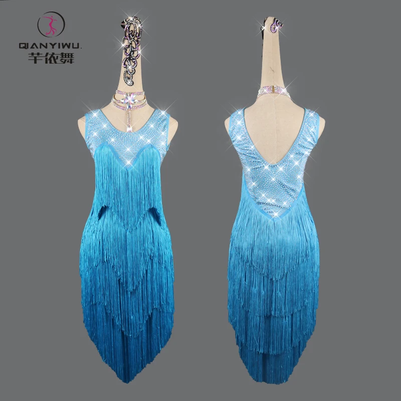 

Professional Blue Latin Dance Dress Senior Women Ballroom Competition Fringe Skirts Costume Ladies Line Midi Cocktail Samba Cha