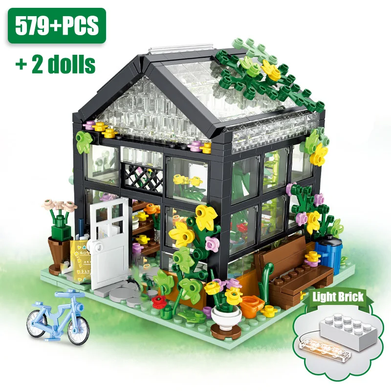 Creative City Street View Coffee Shop Florist Shop Building Blocks Flower House With Lighting Bricks Toys Gifts For Kids Girls
