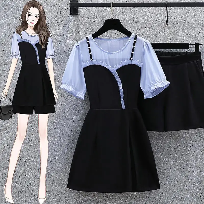 

Новинка лета 2023, женские тонкие закрывающие мясо топы, модный шифоновый темпераментный костюм с имитацией двух частей, корейская мода Y2K