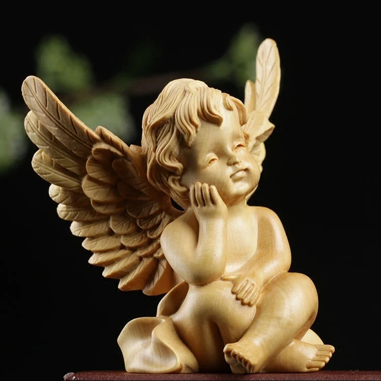 Boxwood Carving Household Car Decoration Creative Cartoon Sculpture Gifts Real Wood Angel Home Decor