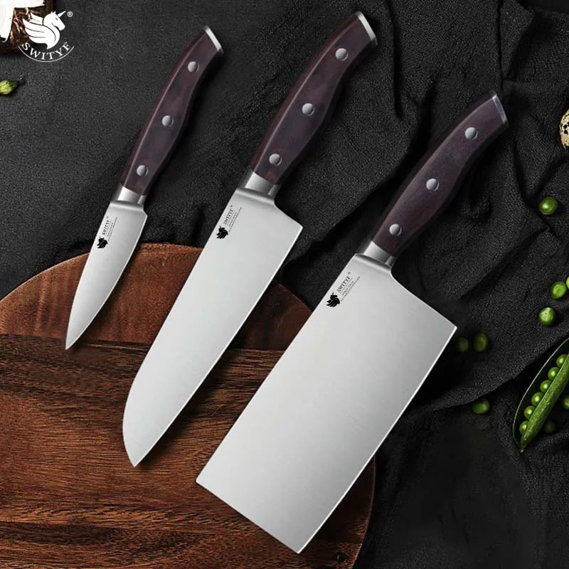 

SWITYF 3 Pcs Set Chopper Knife Santoku Knife Paring Knife Vegetable Meat Fruit Bone Cutting 7 CR Stainless Steel Cooking Tools