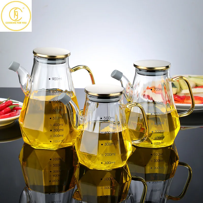 

500/700/900ml Creative Diamond Glass Oil Bottle with Scale and Handle Kitchen Soy Sauce Vinegar Condiment Storage Containers