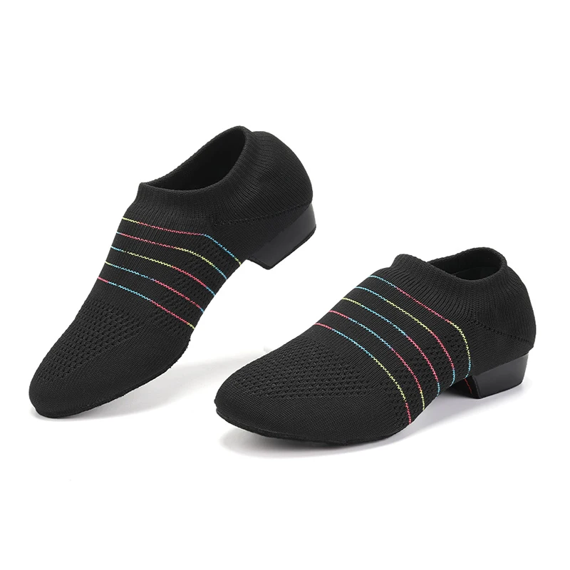 RUYBOZRY Knitted Jazz Dance Shoes For Women Ballroom Girls Tango Salsa Practice Dance Shoes Low Heels Soft Bottom Tan Black