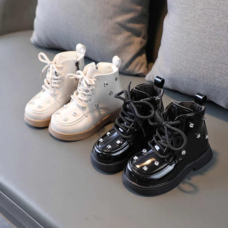 

Girls Short Boots Children Lace Design Boots Princess Bling Bling Rhinestones Leather Boots Kids Single Shoes