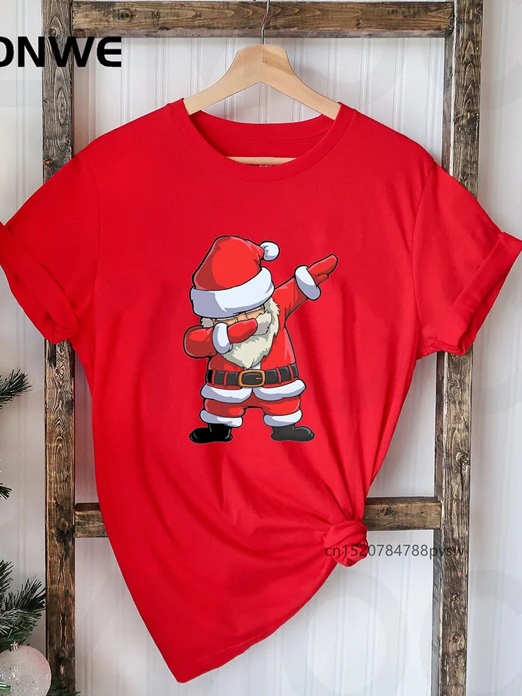 

Dad Santa Merry Christmas Hat Women Red Cute Printed T-shirts Girl Harajuku Santa Claus Tops Suitable All Seasons Gift Clothes