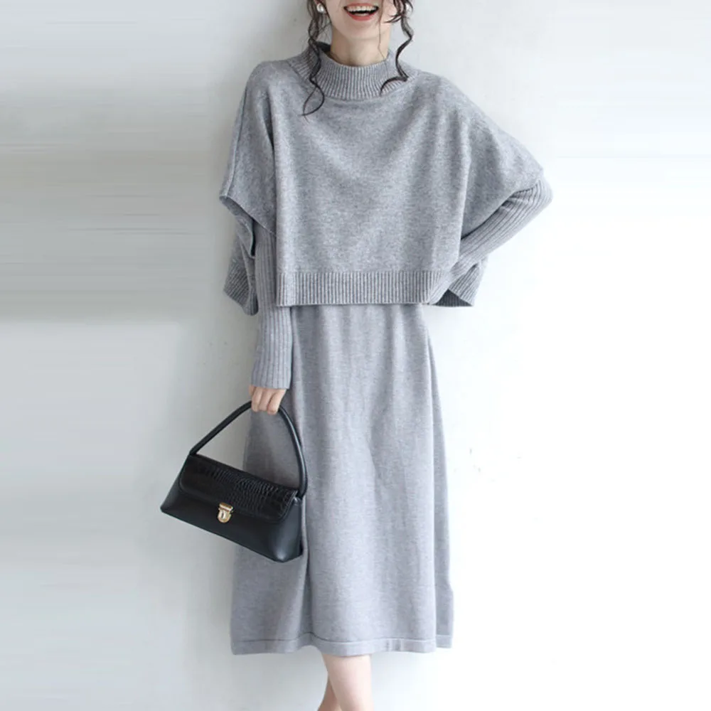 

Женский комплект из двух предметов, однотонная вязаная Свободная блузка, элегантный пуловер и платье-трапеция средней длины, осень 2022