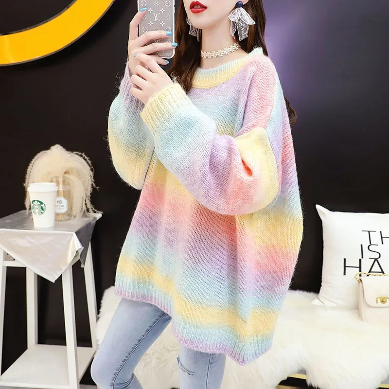 DAYIFUN Rainbow Striped Japanese Knitted Sweater Pullover Women's Clothing Harajuku Autumn Loose Oversized Top Outwear Knitwear
