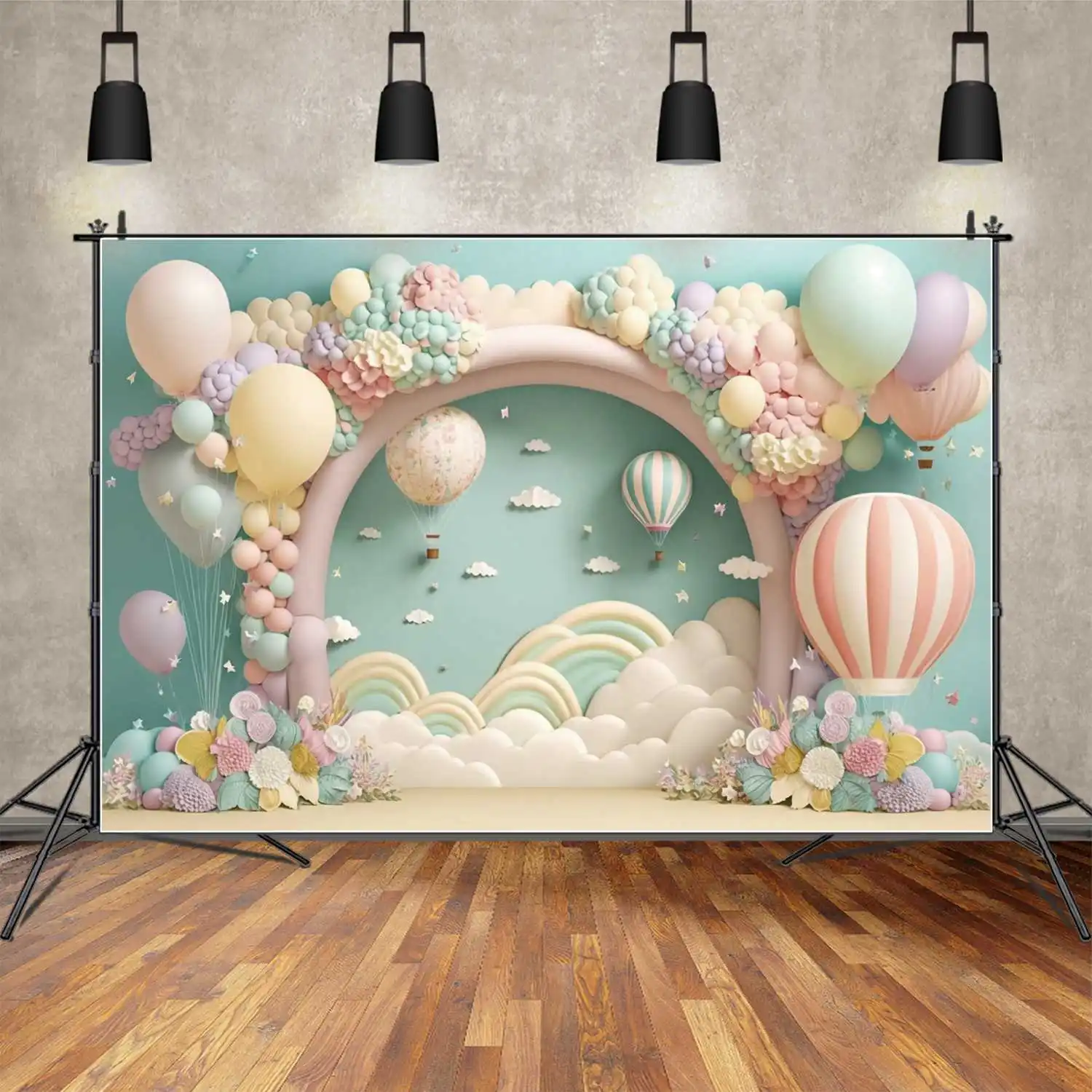 

MOON.QG Backdrop Birthday Arch Door Decoration Floral Flower Balloon Frame Blue Cloud Wall Background Custom Banner Photo Booth