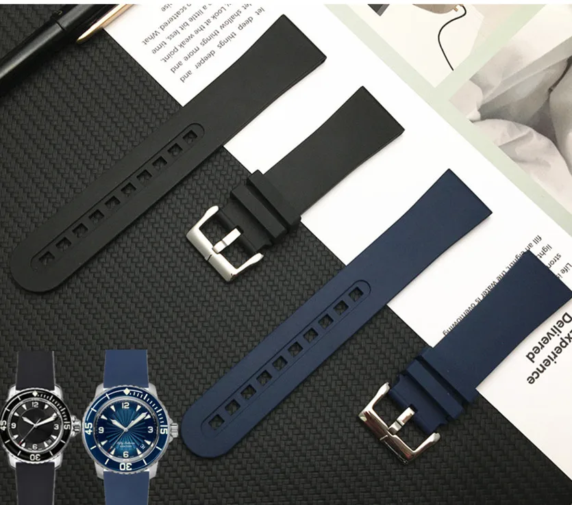 

Soft Fluororubber black blue rubber Watch band For BLANCPAIN strap Fifty Fathoms Rubber Band 23mm watchband 5015 series buckle