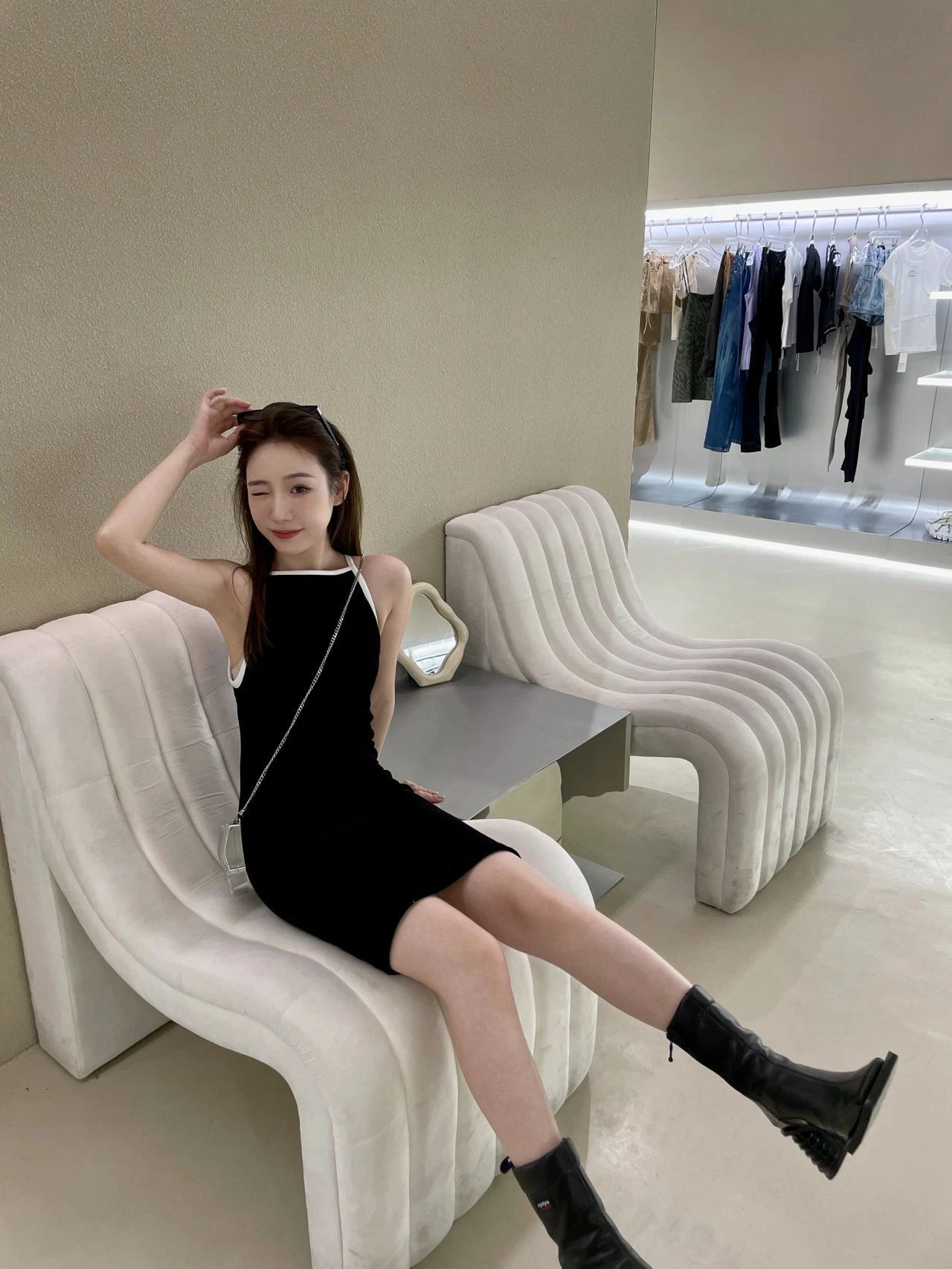 

Sexy Style Slim Mini Dress with Black and White Contrast Color for Women