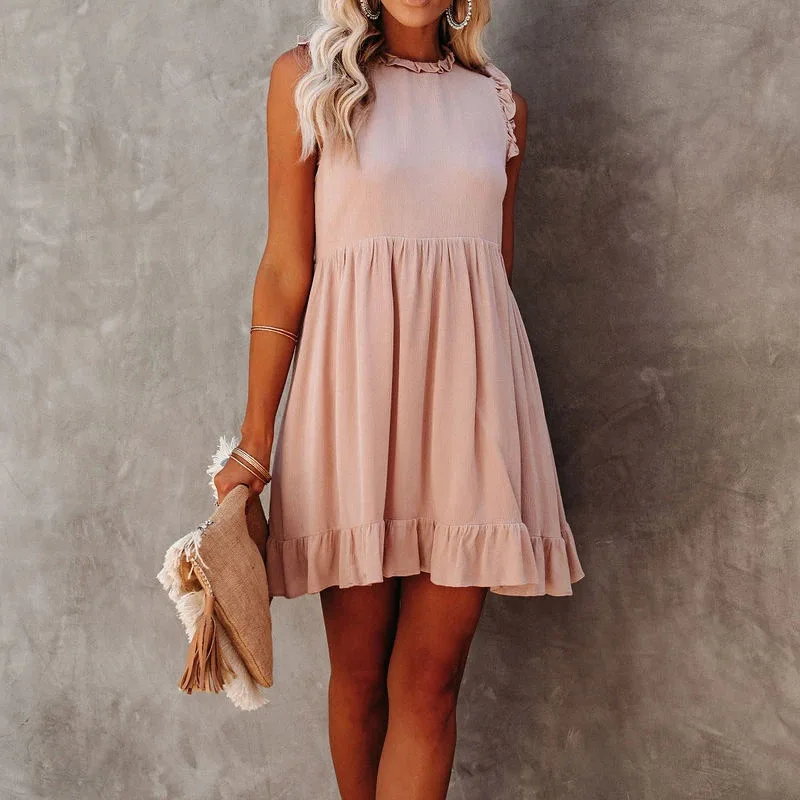 

2021 Summer Ruffle Dress Women Sleeveless Sundresses Ladies Elegant Vintage Beach Blue Mini Dresses Vestido De Mujer Cottagecore
