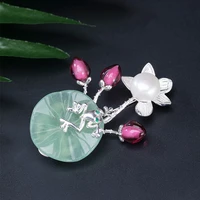 925 sterling silver creative jade lotus leaf frog brooches for women chinese style freshwater pearl flower brooch jewelry xz008