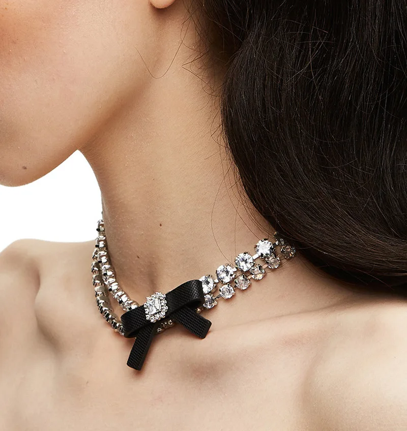 

Wedding Ball minority design leather bow zircon collar double layer full diamond necklace jewelry for women clavicle chain