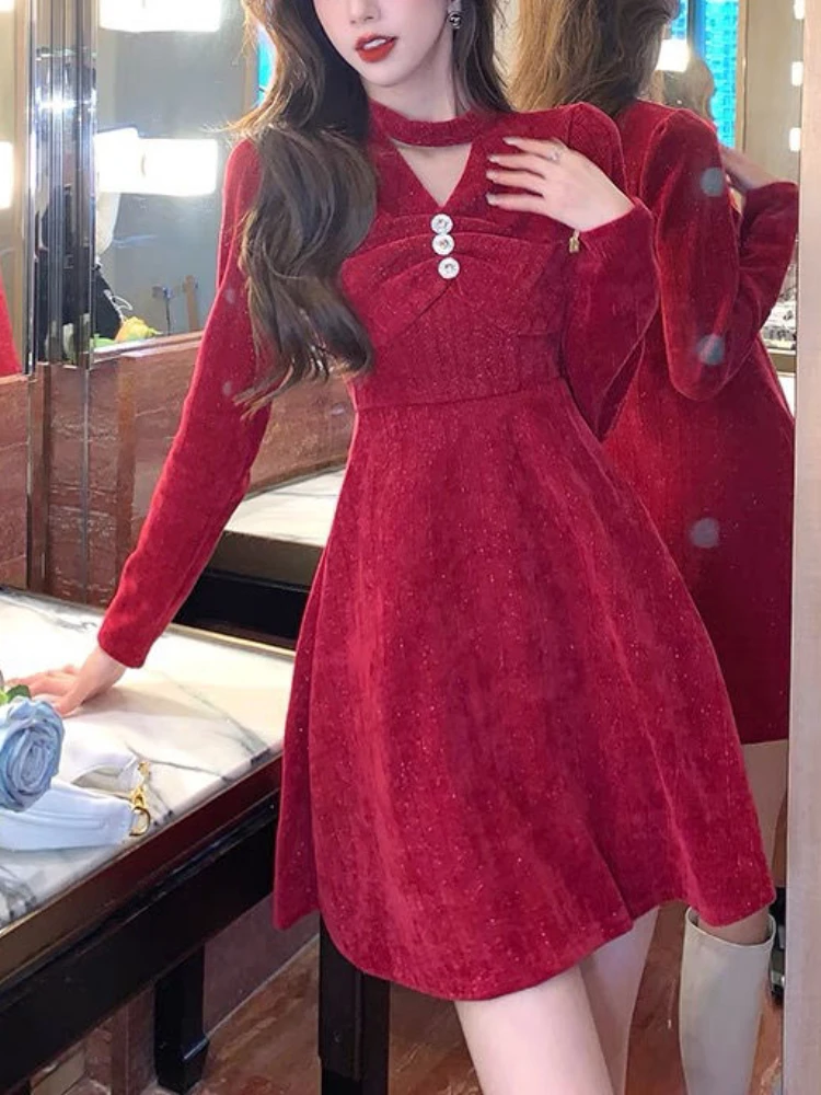 

Женское винтажное рождественское платье, элегантное праздничное красное вечерние мини во французском стиле с длинным рукавом и воротником...