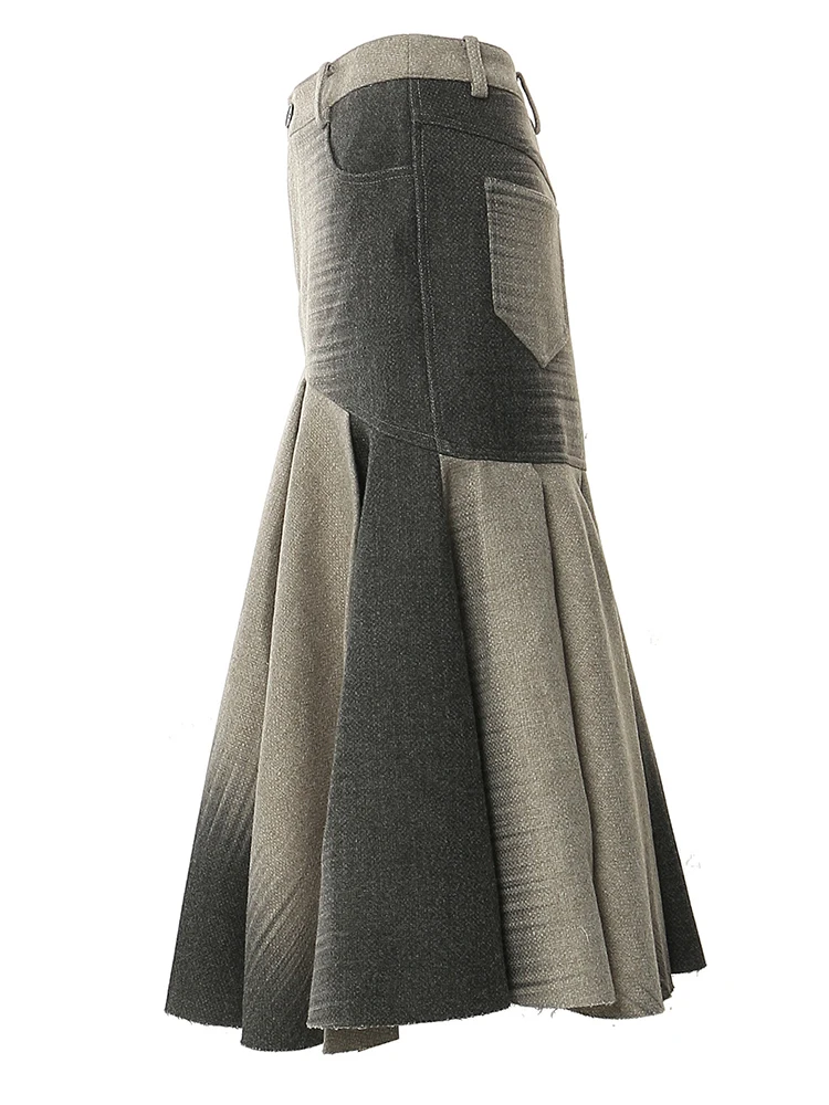 Женская шерстяная юбка-годе [EAM] серая элегантная с высокой талией и карманами