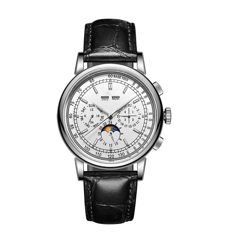 

Часы с кожаным ремешком, оригинальные часы Moon Phase Auto matic, брендовые автоматические часы