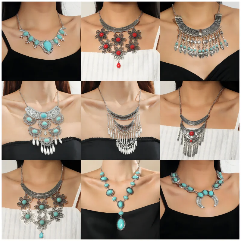 

Retro Turquoise Necklace for Women Accessories Girls Fashion Multilayer Ethnic Style Black Red Stone Party Necklace Jewelry Gift
