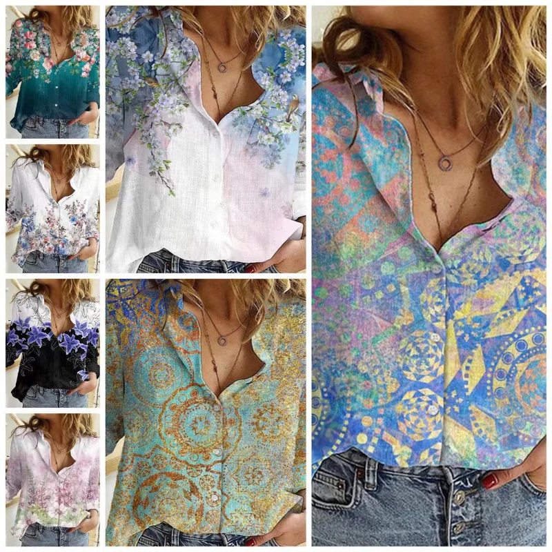 

LuckBN Spring Summer Women's New Fashion Casual Printing Shirt Long Sleeve Lapel Digital Printing Single Breasted Shirt