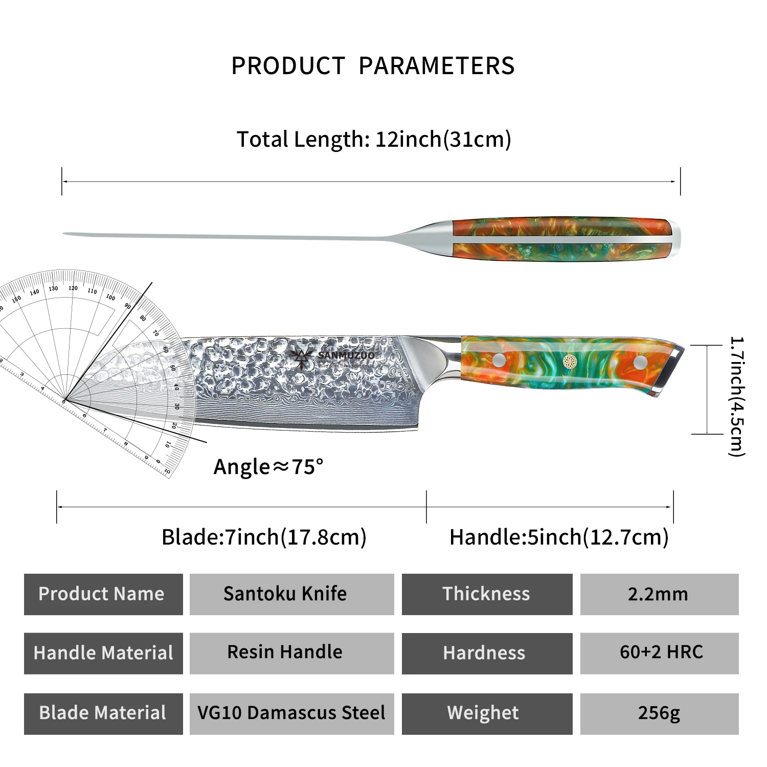 SANMUZUO 7-дюймовый нож сантоку-японский шеф-нож-ручка из дамасской стали и