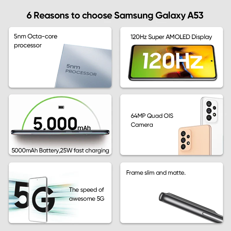 Tanie Oryginalny Samsung Galaxy A53 5G Smartphone Android Exynos 1280 Octa-core 120Hz Super AMOLED 5000mAh 25W Szybkie ładowanie Telefonu Komórkowego