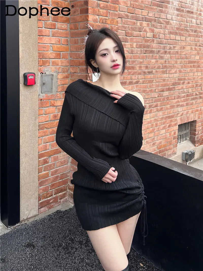 

off-Shoulder Drawstring Knitted Dress for Women Autumn and Winter New Niche Slim Fit Sheath Bottom Sweater Skirt Fashion