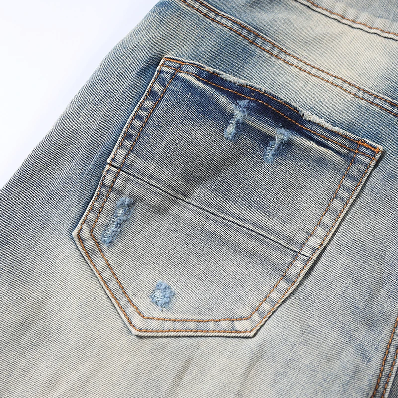 High Street Fashion Men Jeans Retro Gray Blue Elastic Stretch Skinny Ripped Jeans Men Brown Patched Designer Hip Hop Brand Pants