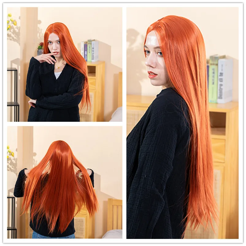 180%Density 26Inch Ginger Orange Long Straight Glueless Middle Part Lace Front Wig With Baby Hair For Black Women Daily Wigs