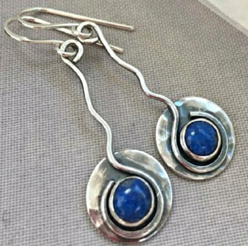 

Vintage Long Spiral Blue Stone Drop Earrings For Womens Tribal Jewelry Metal Antique Silver Color Whirl Ethnic Earrings Gift