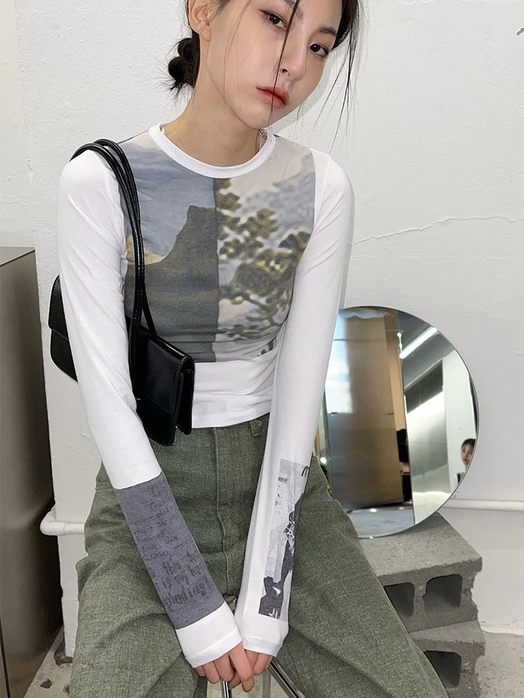 Футболка женская базовая с длинным рукавом и винтажным принтом Y2k