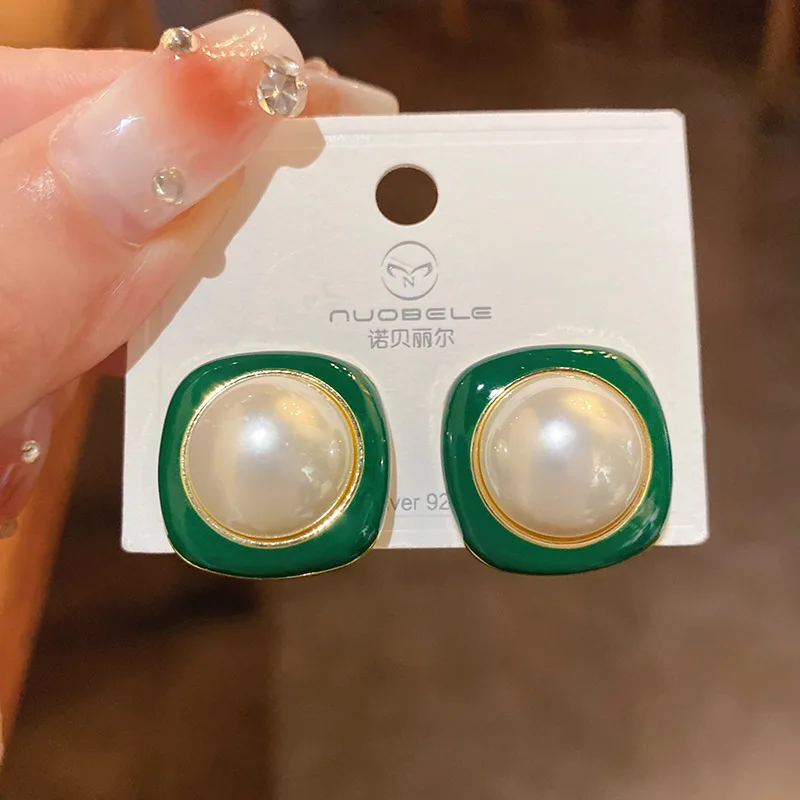 

925 Silver Needle Geometric Pearl Square Earrings Korea Dongdaemun Retro Simple Temperament Personalized