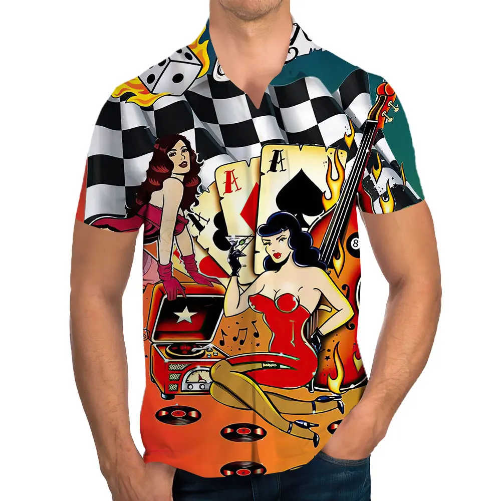 

Men's Summer Polo Neck Short Sleeve Shirt Cartoon Anime Print Short Sleeve Loose Top Extra Large Men's Anime Pattern Shirt