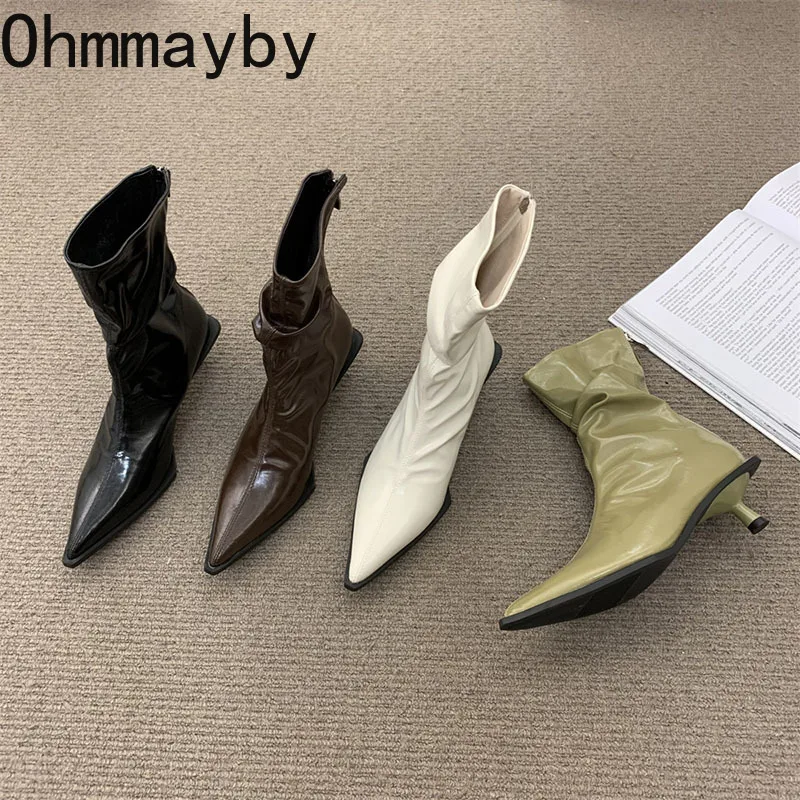 

Зимние ботильоны, женская обувь, модные кожаные туфли на молнии, женские элегантные короткие ботинки на высоком каблуке, 2023