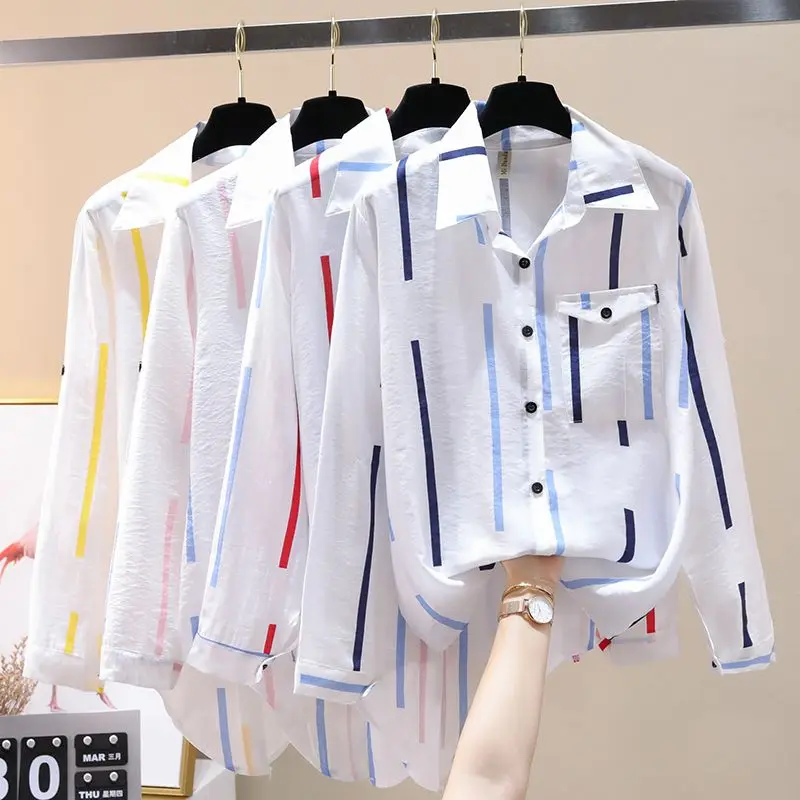 

2023 Clothes Women's Spring New Korean Loose Striped Shirts Female Long Sleeve Thin Blouses Ladies Buttons Casual Shirts R115