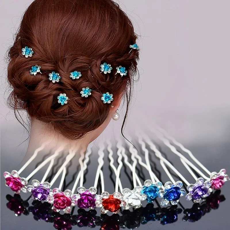 

10pcs Single Diamond Hair Fork Rose Flower Silver Fork Pin Women's Hair Jewelry