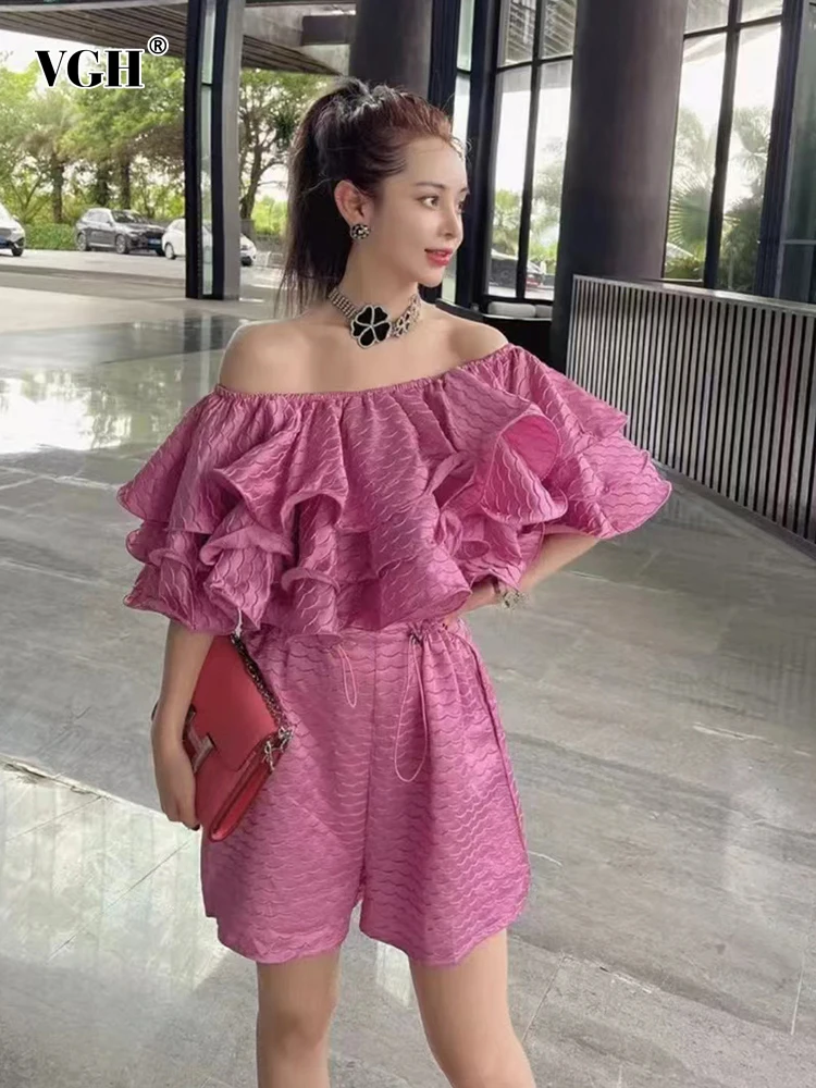 

VGH Casual Solid Playsuits For Women Slash Neck Short Sleeve Patchwork Ruffle Loose Playsuit Female 2022 Summer Fashion Clothing